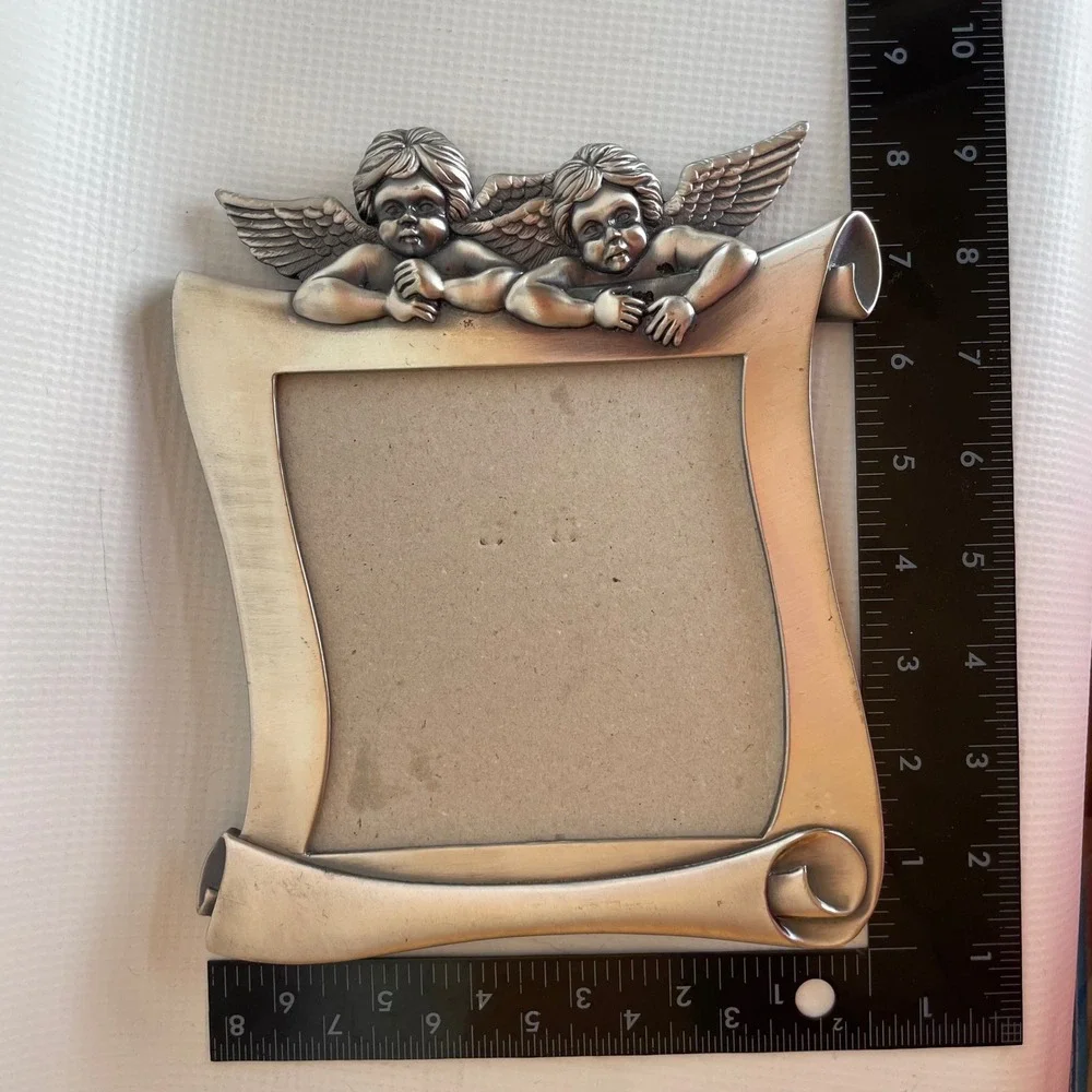 Cherub Scroll Picture Frame Pewter Tone Angel 5x5 Vintage Style Tabletop Decor
